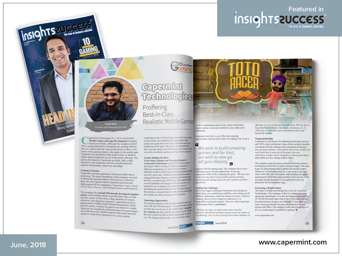 Caperminttech's tweet photo. Capermint Technologies: Proffering Best-in-Class Realistic Mobile Games - https://t.co/JMGGtGejnN
Thanks a lot, @insightssuccess For featuring #CapermintTechnologies as one of the best Game development company in your magazine.
#gamedev #Mobileapp #MobileGame #appdeveloper https://t.co/8GGp8Ytvgn