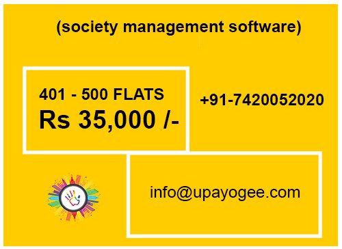 upayogee's tweet photo. Smartest way to manage your society #SocietyManagementSoftware.
If your number of flats ranges from 401-500, the costing will be 35,000
Visit - https://t.co/PmCGFUxfk5 https://t.co/17zd1cwDO0