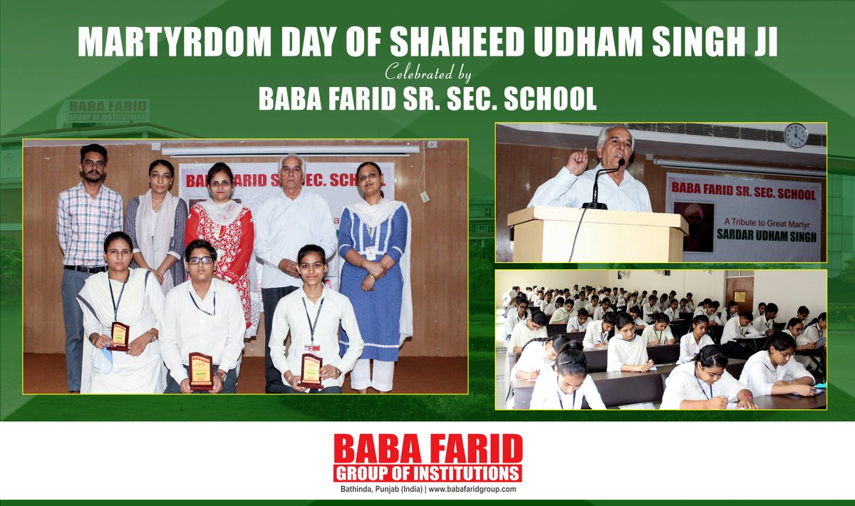 BabaFaridGroup's tweet photo. The Martyrdom Day of Shaheed Udham Singh was observed at Baba Farid Senior Secondary School (BFSSS), Bathinda. A quiz competition was held to create feelings of patriotism among the students and check their knowledge about the historical events.
#MartyrdomDay #BFGI #BFSSS https://t.co/73fIDcfLTe
