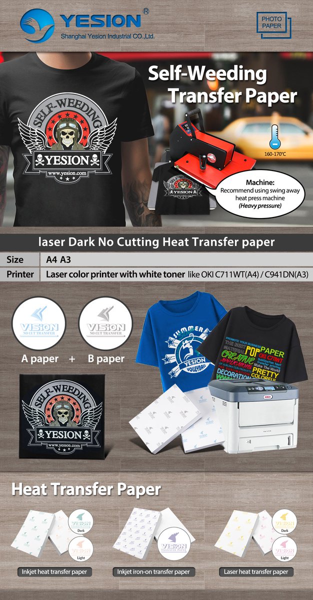 Laser Dark Self- weeding(No-cut) #transfer paper.
We can offer a3 and a4 size.one set including one a paper and one b paper.
must need #OKI printer with white toner like OKI C711WT(A4) and OKI 8432WT(A3)
yesion.com/news/Laser-Dar…
email:yesion@yesion.com