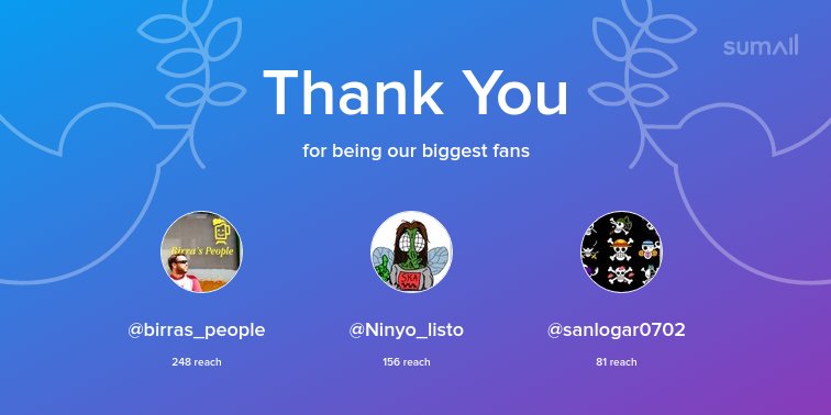 Our biggest fans this week: <a href="/birras_people/">BirrasPeople</a>, @Ninyo_listo, <a href="/sanlogar0702/">sanlogar</a>. Thank you! via sumall.com/thankyou?utm_s…
