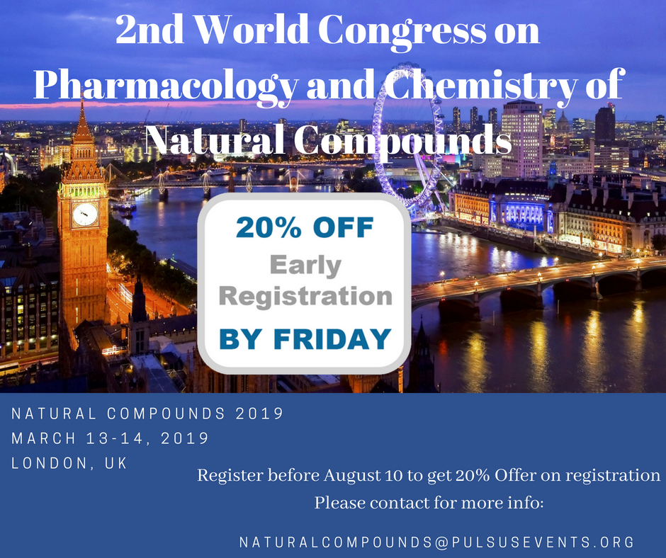 natcompound2018's tweet photo. Register today for 2nd World Congress on Pharmacology and Chemistry of Natural Compounds (Natural Compounds 2019) and get 20% discounts on early bird registration. #London#UK https://t.co/JmmEs46nbX https://t.co/Urd8vahUIZ