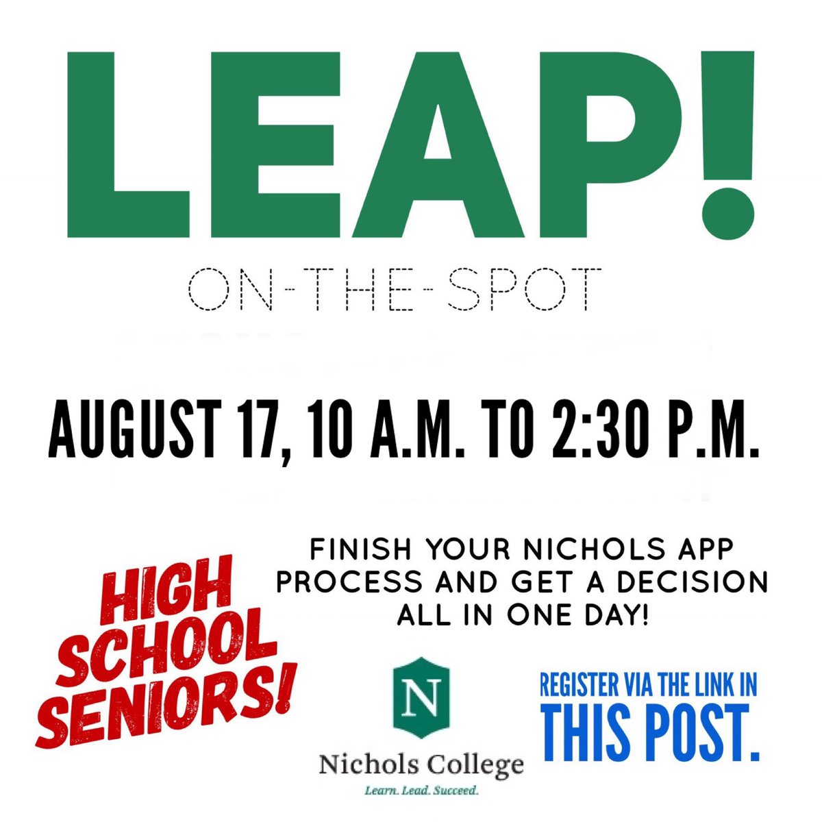 High school seniors! Register here, and get your college acceptance before your senior year even starts! myhome.nichols.edu/Ellucian.ERecr…