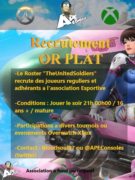✅Recrutement ON
Overwatch Xbox Or Plat pour intégrer roster fixe et durable . Adhérence a l'association Obligatoire !
Contacts  : Bloodsoul97 sur la XboxOne et contacter nous en MP pour l'invitation Discord et la vie associative ! 
<a href="/overwatchsport/">OverwatchEsport</a> #Overwatch #XboxOne #eSports