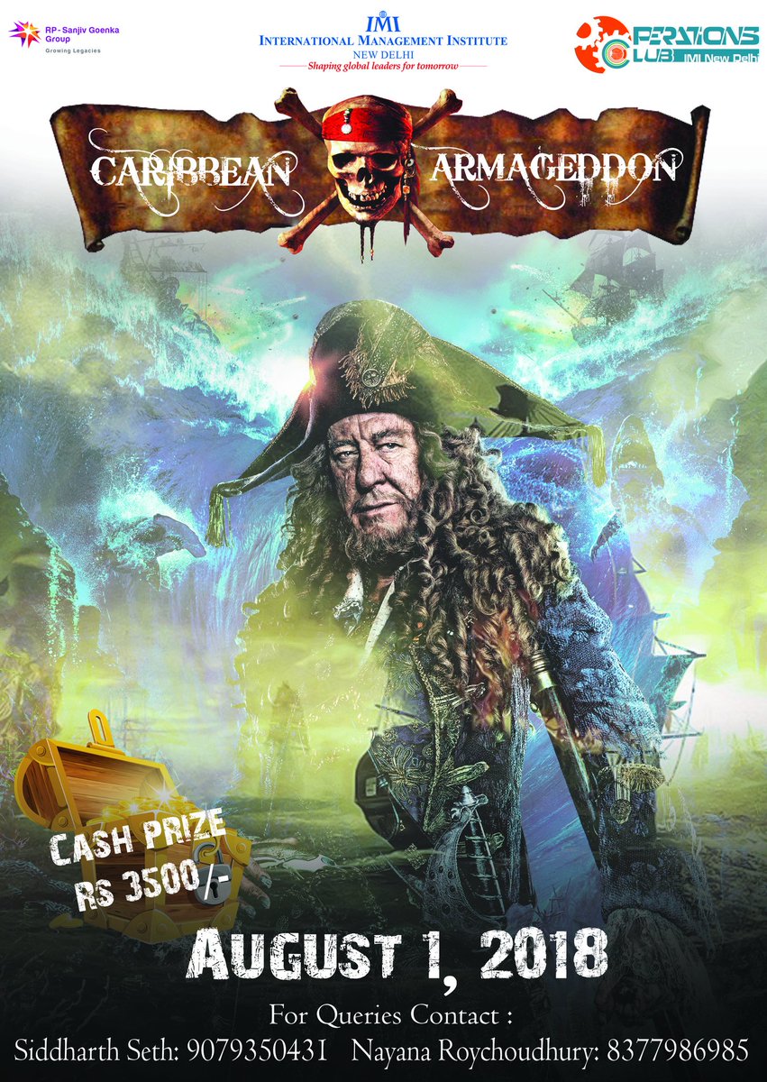 OpsClub_IMI's tweet photo. Ahoy Sailors! It's time to heed the Pirate's code!
Less than an hour to go for the fight to begin!
'Caribbean Armageddon'

Date: 1st August, 2018
Time: 6:30 PM- 8:30 PM
Venue: RPG Auditorium
Cash Prize: Rs 3500/-

#PiratesAreBack
#CaribbeanArmageddon
#OperationsClub
#IMINewDelhi https://t.co/e7FSUoEM3J