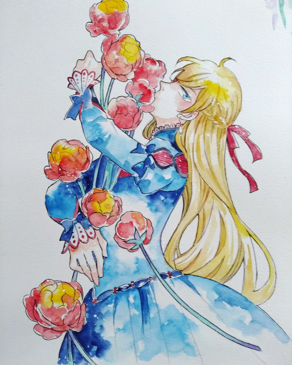 1girl flower blonde hair long hair dress solo blue dress  illustration images