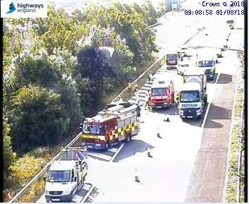 Traffic caught up in the closure is being released past the scene in lane 1.#M61 northbound remains closed between J9 and #M6 J30. <a href="/LancashireFire/">Lancs Fire & Rescue</a>  remain on scene following the RTC and vehicle fire.Recovery has been arranged and en-route.Please allow extra time for your journey.