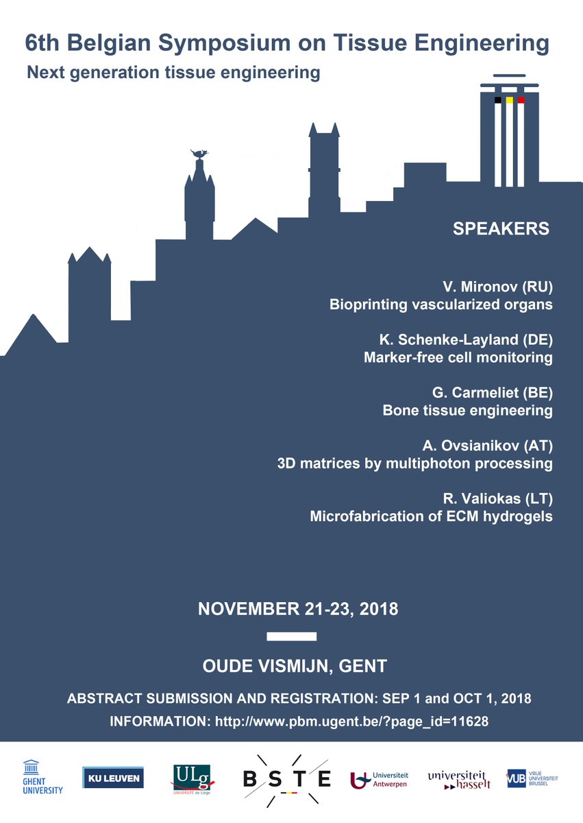Welcome in <a href="/Stadgent/">Stad Gent</a> in @FlandersTrade in November for #BSTE2018 on #innovation in #3Dpritning, #biomaterials #sustainable #materialsscience, #tissueengineering, #human #healthcare &amp; more.
Abstract deadline within one month from now. Check out details @ pbm.UGent.be