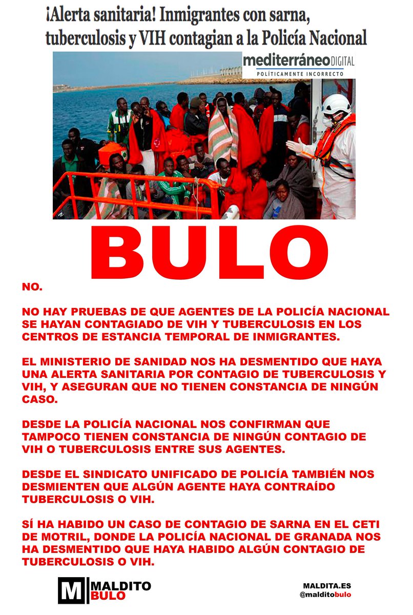 malditobulo's tweet photo. No.

No ha habido ningún contagio de VIH o tuberculosis de inmigrantes a policías. Nos lo confirma Policía Nacional 

No hay ninguna alerta sanitaria nos lo confirma el Ministerio de Sanidad.

Sí ha habido un contagio por sarna ,uno, en Motril. No VIH o tuberculosis. https://t.co/Umbl8JNCAS