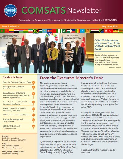 COMSATS_en's tweet photo. COMSATS participation in important fora of partner international organizations including UNESCAP, ICGEB, UN-OHRLLS and more in COMSATS Newsletter Volume 10, issue 3 (May-June 2018): https://t.co/uiOkSGJqmH…/up…/2018/07/Newsletter-Vol10-Issue3.pdf https://t.co/9Ulnou0zBj
