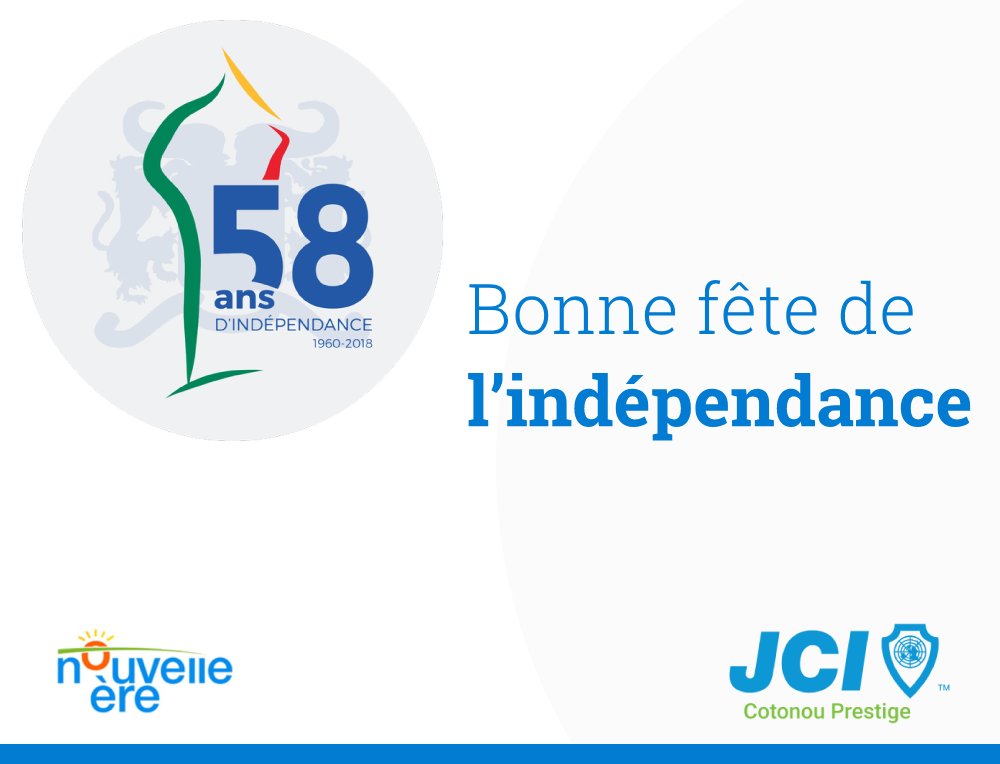 JCICtnPrestige's tweet photo. Tout le #CDL 2018 de la JCI Cotonou Prestige souhaite à tous les #prestigieux, à toutes les #prestigieuses et à tout le peuple #béninois, une bonne fête de l'indépendance.
#JCICotonouPrestige #UneNouvelleEre #IndependanceDay https://t.co/l8VZ4YEilP