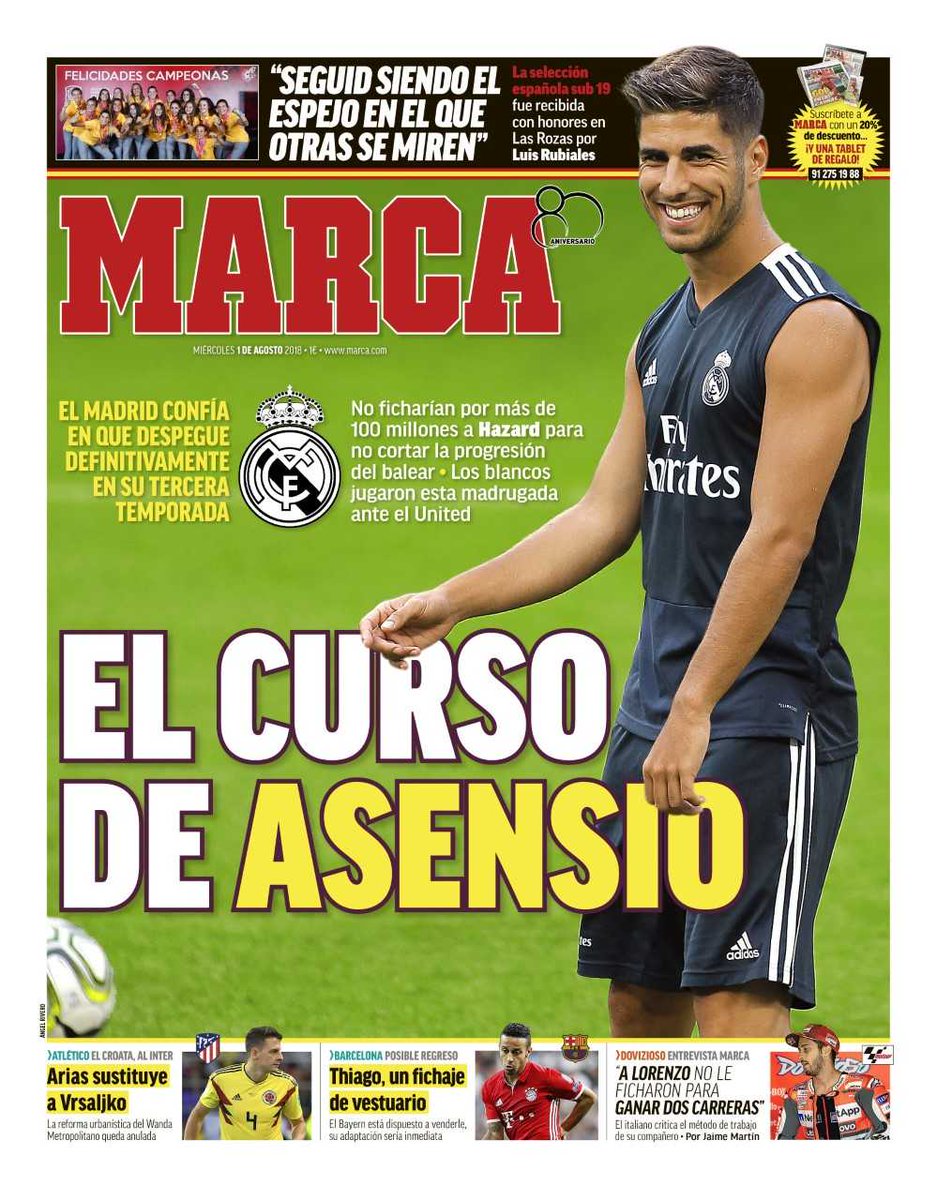 MARCA: Real Madrid won't pay more than €100m for Hazard & trust ASENSIO to take-off in third season.
