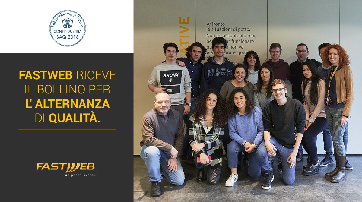 FASTWEB's tweet photo. Nell’anno scolastico 2017-2018 abbiamo creato occasioni formative di qualità, per questo @Confindustria riconosce a Fastweb il Bollino per l’Alternanza di Qualità, un premio a dimostrazione del nostro impegno per i progetti di alternanza scuola-lavoro. #AlternanzaScuolaLavoro. https://t.co/melV5CZ8cM
