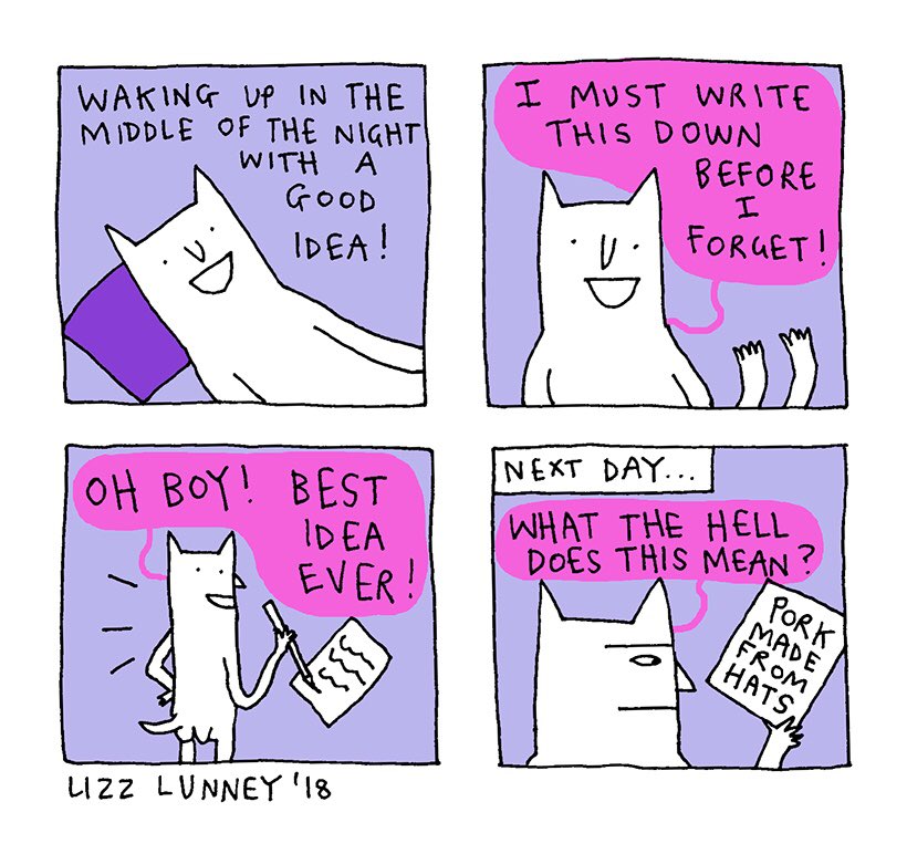 Lizzlizz's tweet image. First August #comicadaylizz comic for prompt “IDEA” (this happens to me every night) JOIN IN too if you feel inspired- see my list of prompts in previous tweet 😺 #comicaday