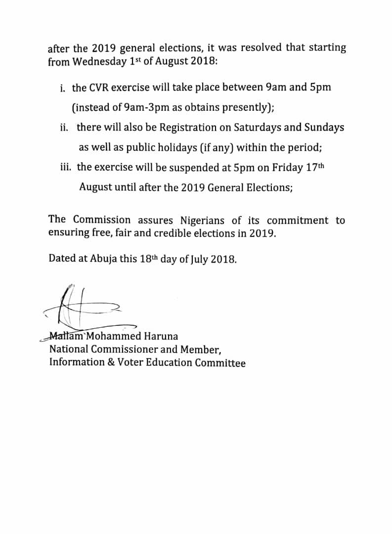 Mr_JAGs's tweet image. REMINDER FLASH: From today, @inecnigeria extends time for Voters' Card REGISTRATION to 5pm EVERYDAY (including weekends &amp;amp; public holidays) till the last Day.. August 17th 2018.. INEC has done their best, Do yours too.. PVC COLLECTION continues till a week b4 election. 
PLS RT.