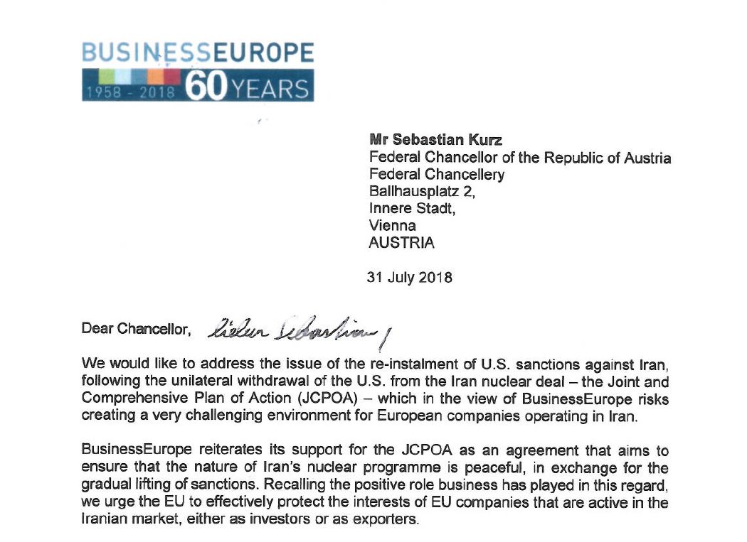 BusinessEurope's tweet photo. Iran ahead of first wave of US sanctions - #BusinessEurope sends letter to Austrian Presidency and EU Commission: https://t.co/cp3GaxpIIk #IranDeal https://t.co/79C66EHEI6