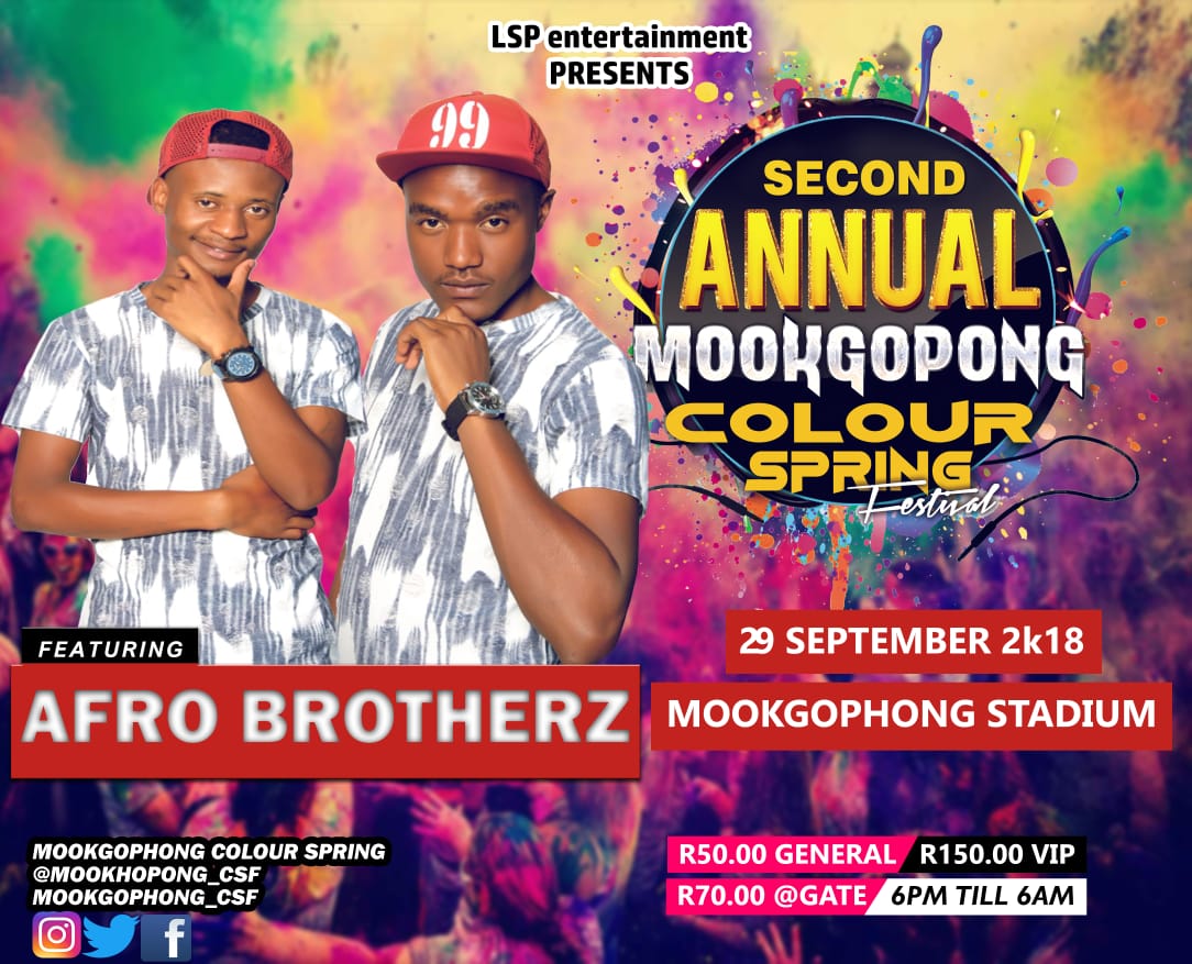 DJLumicue's tweet photo. Join "Afro Brotherz"🆎  2nd Annual Mookgopong Colour Spring Festival 2018 

#MCSF2K18 🌈🌈🌈
#WeLoveColourSpring❤️❤️❤️
#29Sep2K18 2️⃣9️⃣
#FillUpMookgopongStadium 🏟️🏟️🏟️ https://t.co/Ku9dKpoNCg