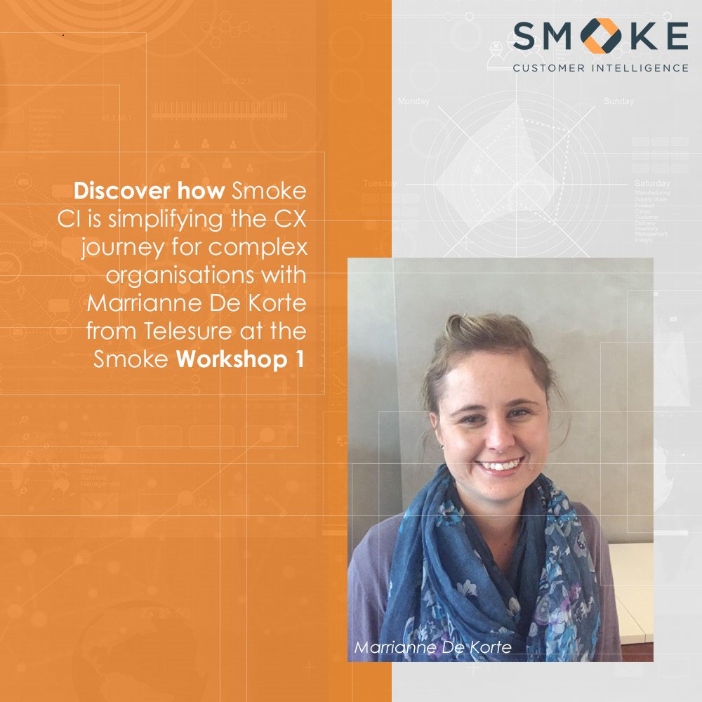 CEMAfricaSummit's tweet photo. Want to simplify your #CX? Join the Smoke Workshop Session 1 at 12h00 with Marrianne De Korte from #Telesure to find out how! @SmokeCIS #CXmadeeasy #redefiningCX #CX #CEM18 https://t.co/R5jwAIuy29