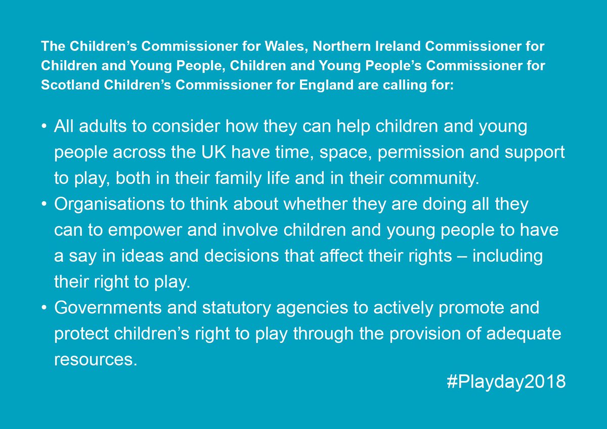 Play Wales (@playwales) on Twitter photo As part of #Playday2018 celebrations <a href="/childcomwales/">Comisiynydd Plant | Children's Commissioner Wales</a> <a href="/nichildcom/">NI Commissioner for Children and Young People</a> <a href="/ChildrensComm/">Children's Commissioner for England</a> <a href="/CYPCS/">Children and Young People's Commissioner Scotland</a> are calling on everyone to ensure we create the best possible opportunities for all children to embrace their #righttoplay playwales.org.uk/eng/news/994-d…
#Article31 #UNCRC As part of #Playday2018 celebrations <a href="/childcomwales/">Comisiynydd Plant | Children's Commissioner Wales</a> <a href="/nichildcom/">NI Commissioner for Children and Young People</a> <a href="/ChildrensComm/">Children's Commissioner for England</a> <a href="/CYPCS/">Children and Young People's Commissioner Scotland</a> are calling on everyone to ensure we create the best possible opportunities for all children to embrace their #righttoplay playwales.org.uk/eng/news/994-d…
#Article31 #UNCRC