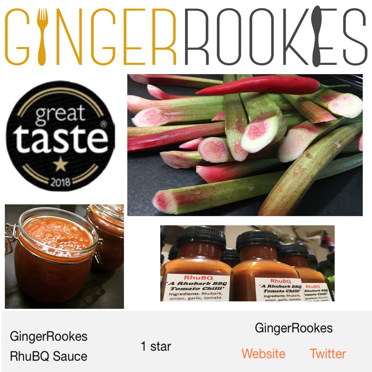 GingerRookes's tweet photo. Congratulations GingerRookes #RhuBQ Sauce for getting a @guildoffinefood Great Taste 2018⭐️

Great feedback; 
smooth glossy texture/appealing colour/natural tang/clever combination/judges liked the rhubarb flavour that came through well
#greattasteawards #greattasteawards2018 https://t.co/gd0uKfBNCy