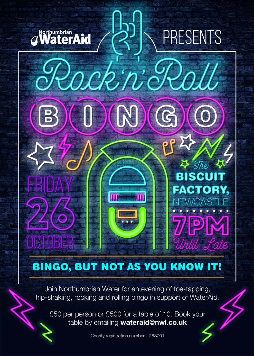 FSMadden's tweet image. We're preparing for a 'full house' with a brand new bingo event, in aid of @WaterAidUK. Rock 'n' Roll Bingo will be held at @TBFevents, Newcastle on Friday 26th October 2018. Visit nwl.co.uk/rockandrollbin… for further information! @NWGWaterAid