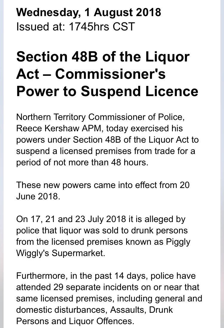 justintfenwick's tweet photo. NT Police Commissioner Reece Kershaw has used new powers to ban a local #AliceSprings supermarket from selling alcohol for 48 hours. #ABCalicesprings https://t.co/3RKROtdllY