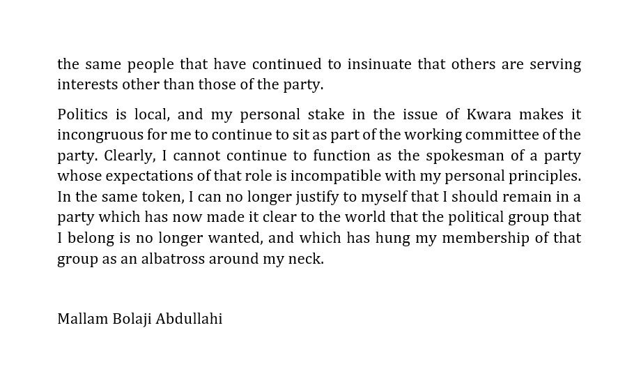 notitiatv's tweet photo. PRESS STATEMENT: from the national publicity mallam @BolajiAbdullahi Resignation from the APC https://t.co/0dmjWdF1KP