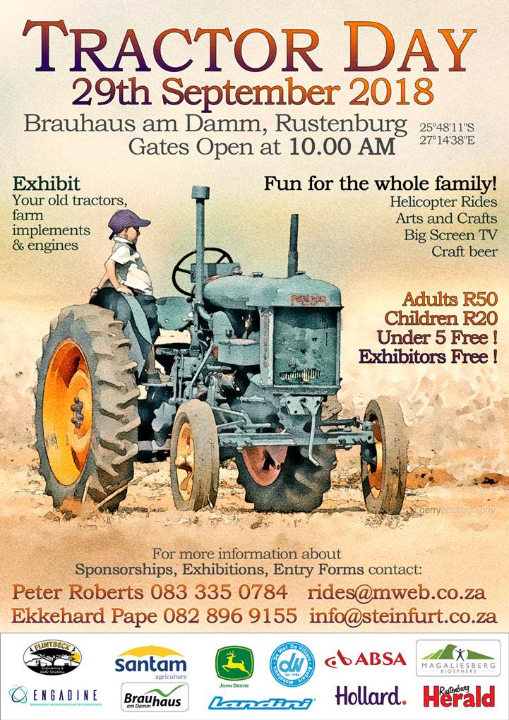 This years annual <a href="/BrauhausamDamm/">Brauhaus am Damm</a> Tractor day will take place on 29 September 2018 as from 10h00. Come join us for a fun filled day!