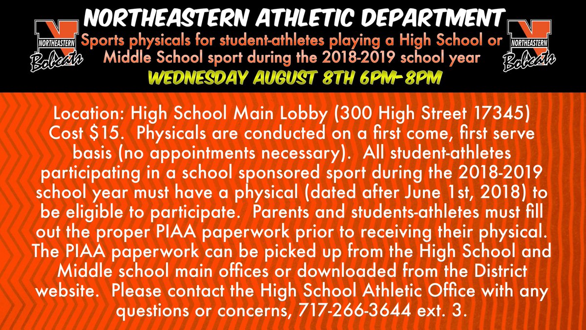 .<a href="/NESD/">Northeastern Bobcats</a> Athletic Department
Sports Physicals | Wednesday, Aug 08 | 6pm - 8pm
FCFS Basis