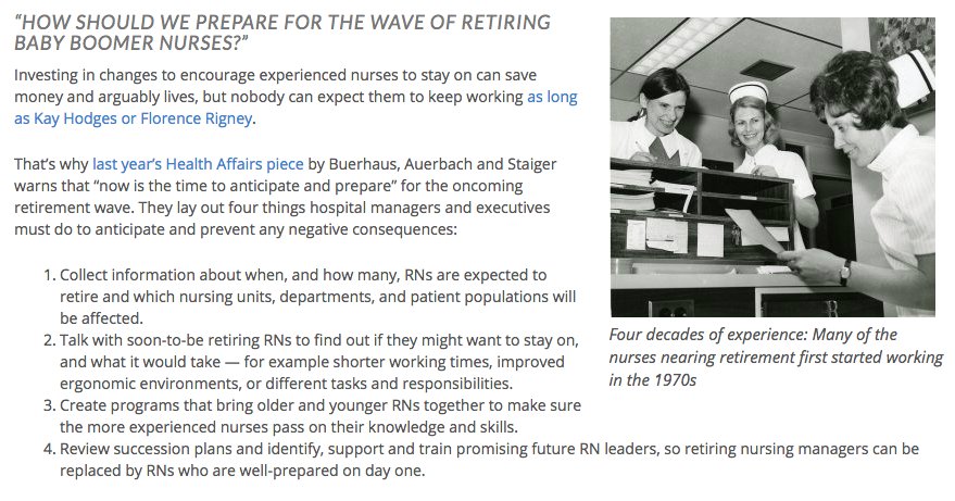 NurseRec's tweet photo. “Now is the time to anticipate and prepare” for the oncoming #RN retirement wave, warn @CIHWS’s Peter Buerhaus &amp; David Auerbach and @DartmouthEcon’s Douglas Staiger. They laid out 4 things #hospital managers and executives must do:

https://t.co/gcbcgLCXc5 #nursingresearch #nurse https://t.co/ye4B6C2K6P
