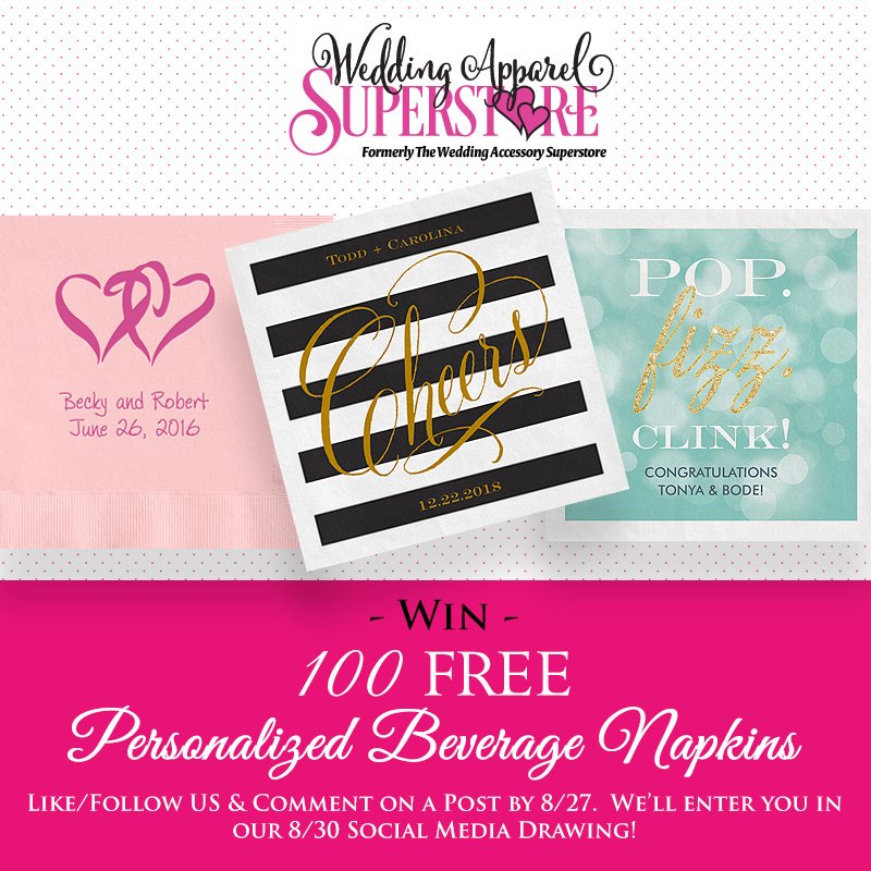 TheWASOnline's tweet photo. Enter to win 100 FREE Personalized Beverage Napkins!  Just Follow us on Twitter and comment on a post by 8/27. Drawing on 8/30.1 Social Media Winner.  #WeddingGiveaways #wedding #Freebies #Weddings  #WeddingFreebies #Win #Giveaway #WeddingPlanning #BrideToBe https://t.co/5J4owhkfRz