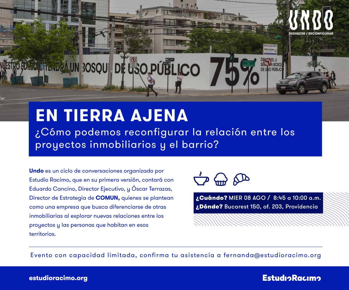 EstudioRacimo's tweet photo. Este Miércoles 08 de Agosto comenzaremos UNDO, una serie de conversaciones que en su primera versión, abordaremos nuevas aproximaciones a la relación entre proyectos de infraestructura en la ciudad y las personas, junto con nuestros invitados de COMUN. Cupos limitados! https://t.co/4B2WJy069Z
