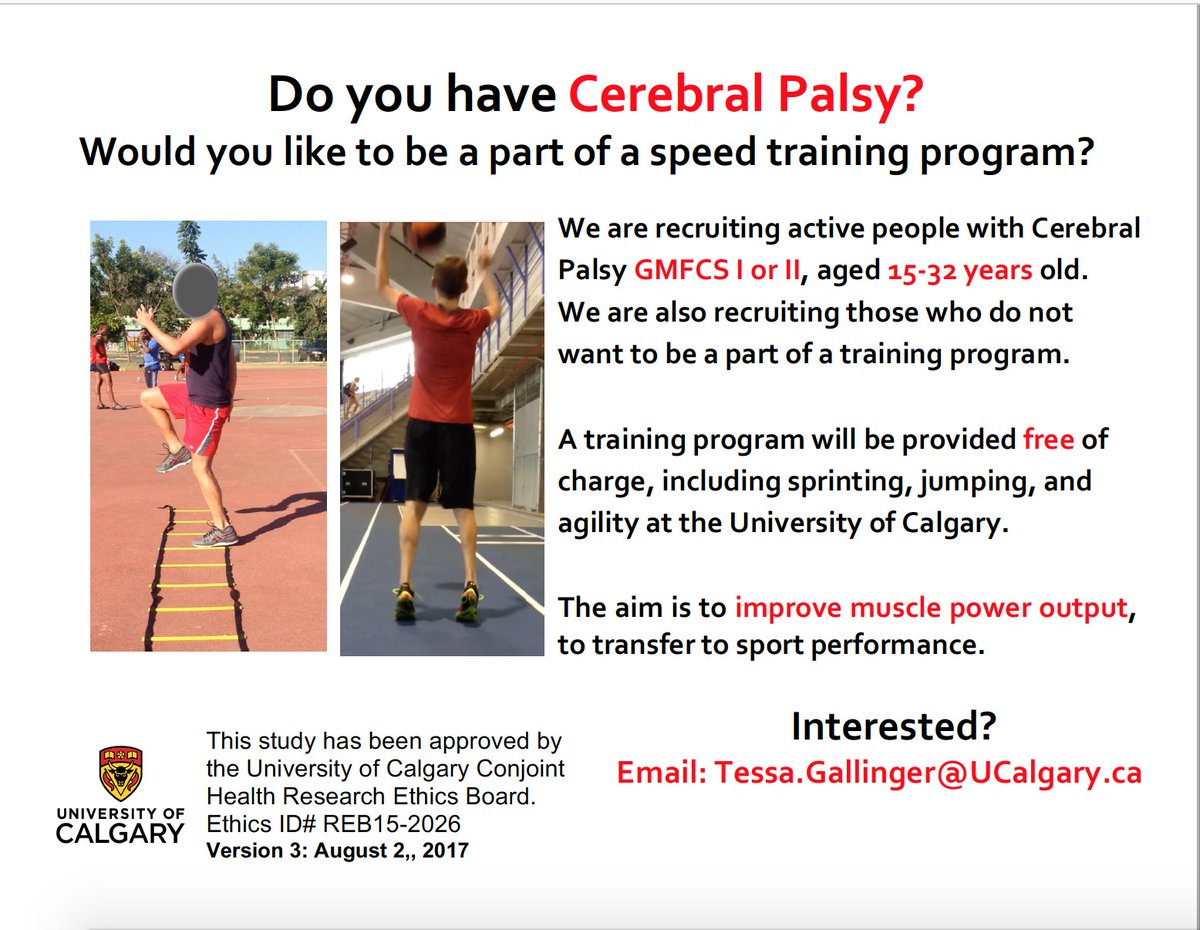 TessaGallinger's tweet photo. Do you have #CerebralPalsy and interested in participating in a free training program @UCalgary, aiming to improve muscle power output? Message us for details!  @UofCr4kids @PedRehabUofC @ACHFKids @osunakarate @CPAlberta @CPKidsandFamily @ASPCA @synaptichealth @CP_Sport @uofcknes https://t.co/nCKFXmyuJY