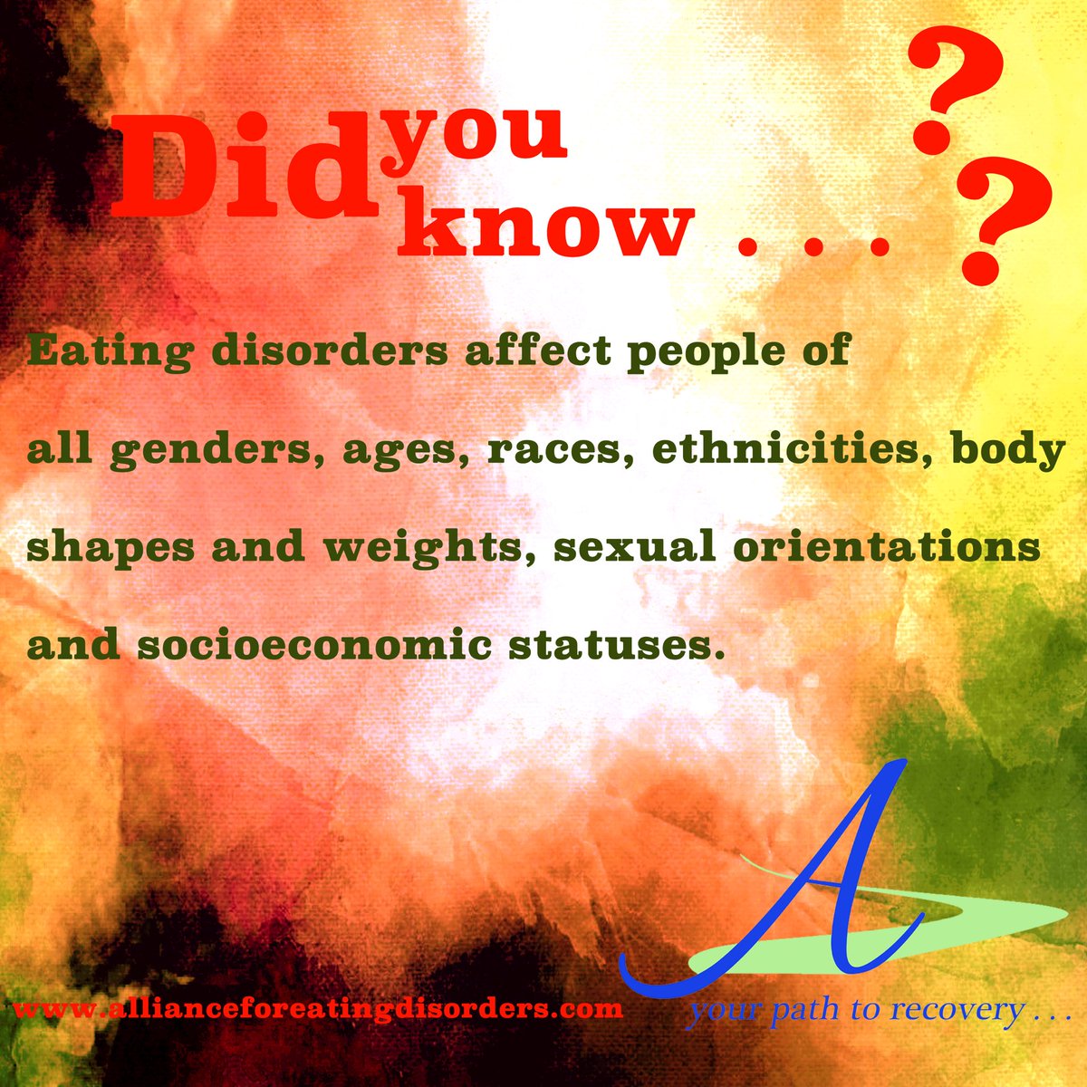 AllianceforED_'s tweet image. Did you know?? Eating disorders DO NOT discriminate! Anyone can be affected!
.
.
.
#allraces #allgenders #allbodies #didyouknow #edrecovery #eatingdisorder #edwarriors #recovery #recoveryispossible #yourpathtorecovery #findedhelp #lifebeyondyoureatingdisorder #allianceforeda
