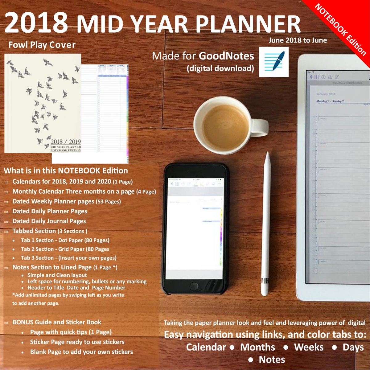 my #etsyshop: 2018 Mid-Year Planner NOTEBOOK Edition (FOWL PLAY Cover) (Made for GoodNotes) etsy.me/2n2GG7q #papergoods #calendar #goodnotesapp #productivity #ipad #bulletjournal #daily #journal #planner # notes #conference #conferenceplanning #deskgoal