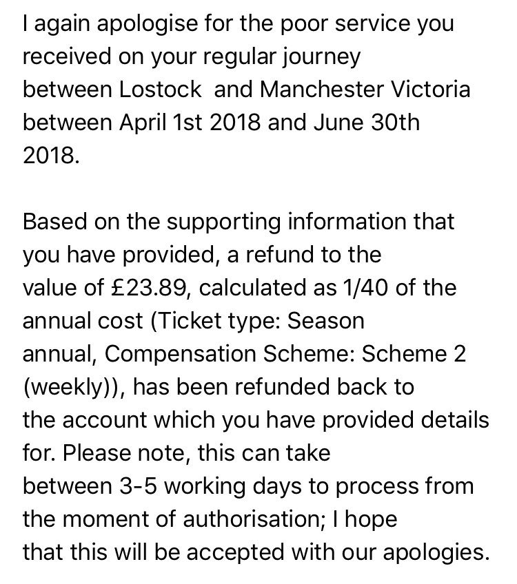 . <a href="/northernassist/">NORTHERN 🚆</a> if you’re going to offer a compensation scheme, the least you can do is compensate people the right amount! It’s pretty clear this route is a scheme/level 1 and I should be getting 1/12 of my annual ticket refunded. <a href="/AndyBurnhamGM/">Andy Burnham</a> <a href="/TransportFocus/">Transport Focus</a> @DavidCrausby