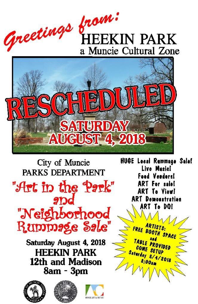 Once more, without the rain 🤞Celebrate Art + Community this Saturday from 8:00 AM - 3:00 PM at Art in the Park &amp; Neighborhood Rummage - A Heekin Park Cultural Zone event 🌿 Free booth space for art vendors is available through <a href="/MuncieParks/">Muncie Parks & Rec</a> 🙌 #MuncieArts facebook.com/events/2757681…