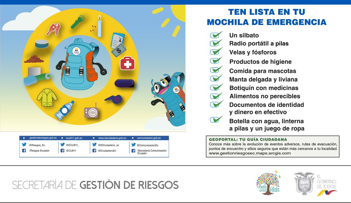 Ante posibles Eventos Peligrosos ten siempre lista una mochila de emergencia, este es un consejo de tu amiga #MíaLaMochila por un #EcuadorPrevenido