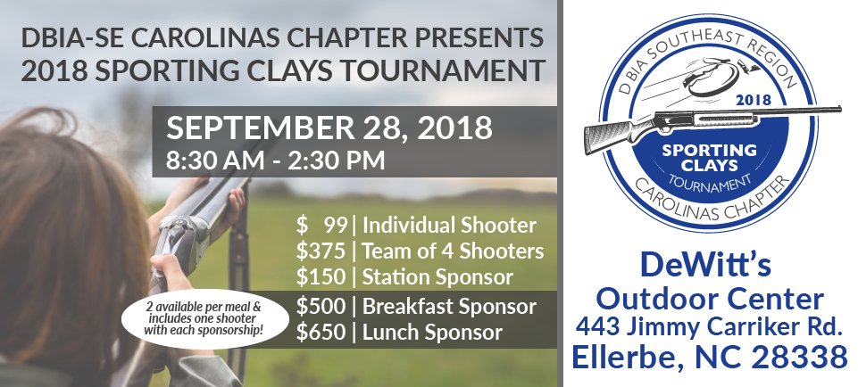 REGISTRATION NOW OPEN | Carolinas Chapter Sporting Clays Tournament | Sept 28. Bring your clients &amp; co-workers and join us for this great networking opportunity with AEC industry professionals followed by lunch, networking, &amp; prizes.  ow.ly/uIei30ldFyO