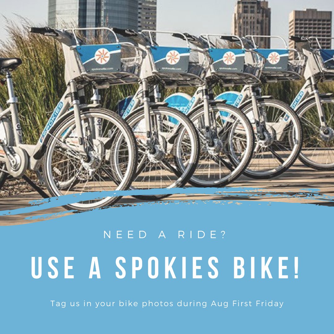 PaseoOKC's tweet image. Too hot to walk to the galleries during First Friday? Why not bike there! 
Use the promo code &quot;Bike Paseo&quot; to get $3 off the Spokies Explorer&apos;s Pass. The Explorer&apos;s Pass is a day pass that includes 3 hour ride times--perfect to use during our 6-9pm Gallery Walk!