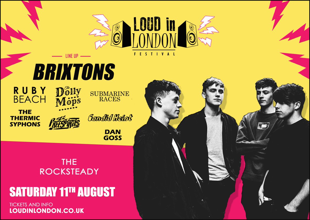 Loud In London (@loud_in_london) on Twitter photo #LoudinLondon Festival at <a href="/RocksteadyThe/">The Rocksteady</a> on Saturday 11th August
Headlining: <a href="/brixtonsmusic/">Brixtons</a>
Support from: @RubyBeachBand, @TheDollyMops, #SubmarineRaces, <a href="/freespiritsband/">FREESPIRITS</a>, #TheThermicSyphons, <a href="/CandidHeist/">Candid Heist</a>, #DanGoss
Info: loudinlondon.co.uk
Tickets: bit.ly/2yhTZt9 #LoudinLondon Festival at <a href="/RocksteadyThe/">The Rocksteady</a> on Saturday 11th August
Headlining: <a href="/brixtonsmusic/">Brixtons</a>
Support from: @RubyBeachBand, @TheDollyMops, #SubmarineRaces, <a href="/freespiritsband/">FREESPIRITS</a>, #TheThermicSyphons, <a href="/CandidHeist/">Candid Heist</a>, #DanGoss
Info: loudinlondon.co.uk
Tickets: bit.ly/2yhTZt9