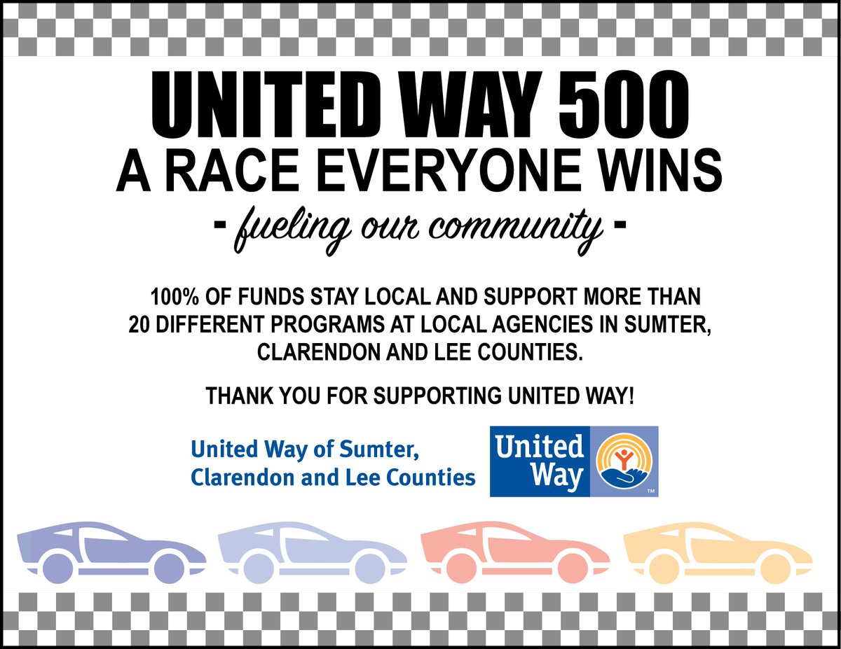 START YOUR ENGINES…
THE UNITED WAY 500 CAMPAIGN SEASON IS HERE! Recruit your company’s Driver, Pit Crew, and tell all of your race fans to join in to support the United Way 500 Campaign Race of the Season!  This is a race everyone wins…READY, SET, AND GIVE! #LIVEUNITED