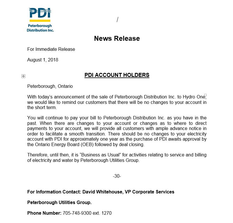 Ptbo Utilities On Twitter Information For Customers Regarding The Sale Of Pdi To Hydro One Dw