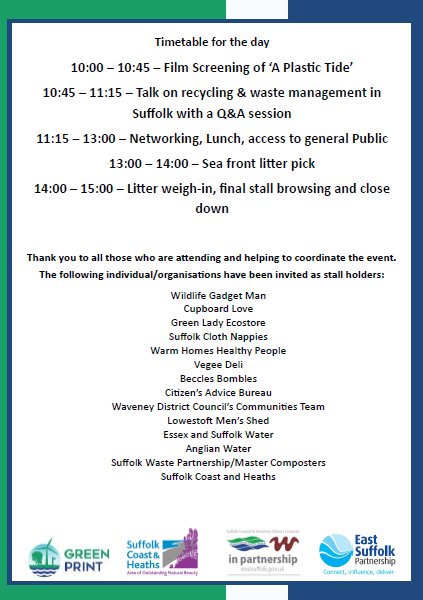 East Suffolk Partnership are holding an event " Plastics - Know your place in the community" at The Kirkley Centre on Thursday 6th September, if you can't make the 6th - there is another session at Riverside on the 26th starting at 6pm.
bit.ly/2v2Rgi5