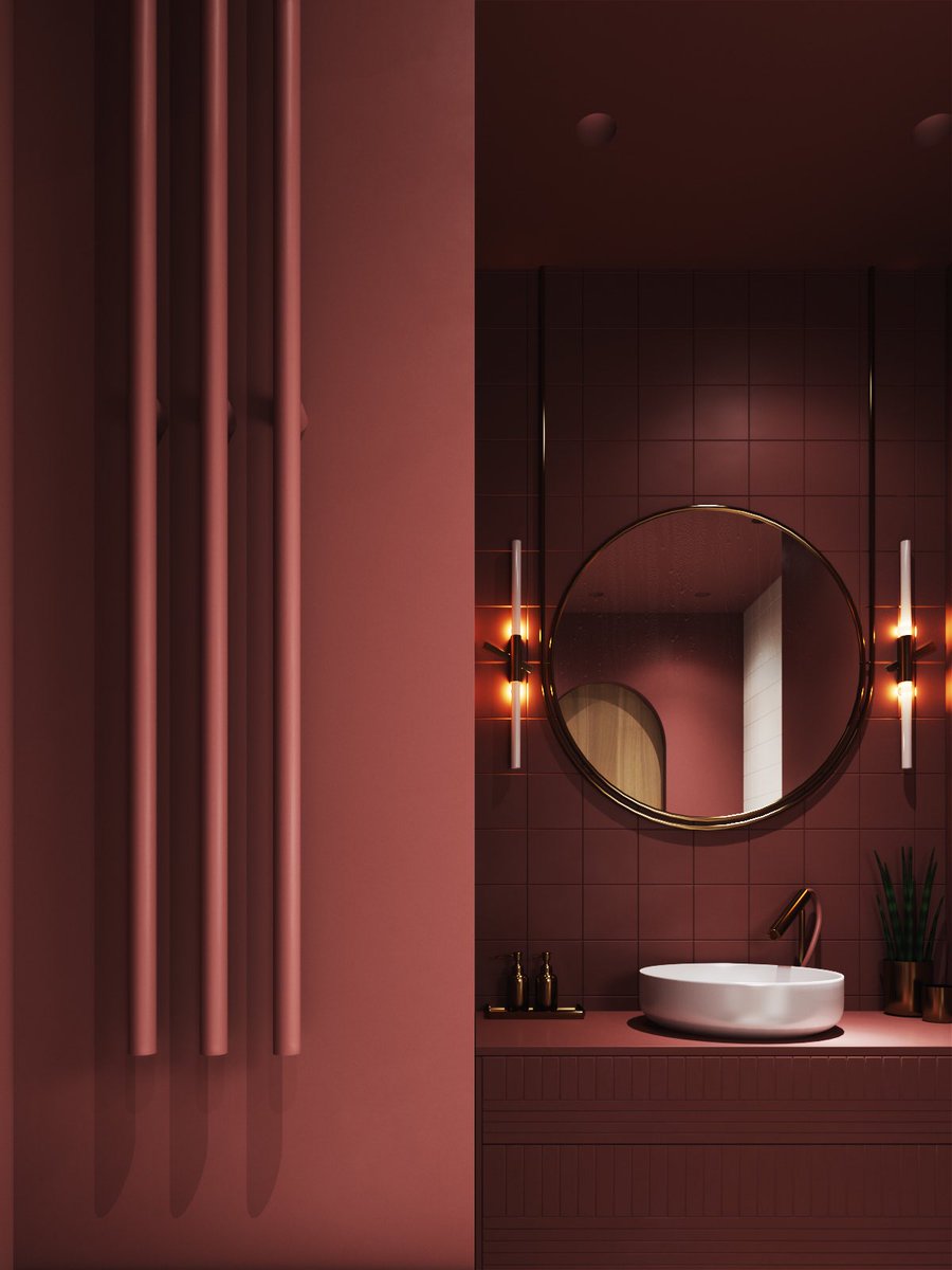 We love this wonderful red bathroom concept, this visualisation created by Tamars Batsmanova. #bathroom #redroom #redinterior #redinteriordesign #interiordesign #decor