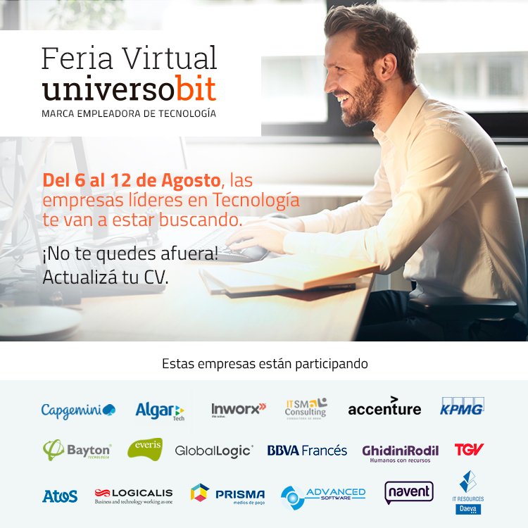 universobitcom's tweet photo. ¿Ya te enteraste? ¡Se viene la FERIA VIRTUAL UniversoBit!
Las empresas líderes en Tecnología te van a estar buscando.
📆 Del 6 al 12 de Agosto 
👉 ¡Entrá al link y actualizá tu CV! https://t.co/wCKyUUhEwu

¡No te quedes afuera! https://t.co/j6lrU1AYD5