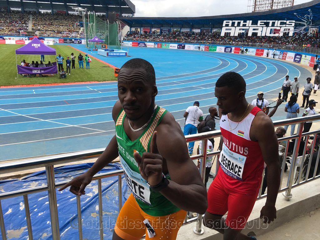 #CIV @MeiteBenYoussef wins Heat 1 of the Men’s 100m Round 1 in an unofficial 10.41 secs.
#Asaba2018 #CAAAsaba2018 https://t.co/culWbX4AZT