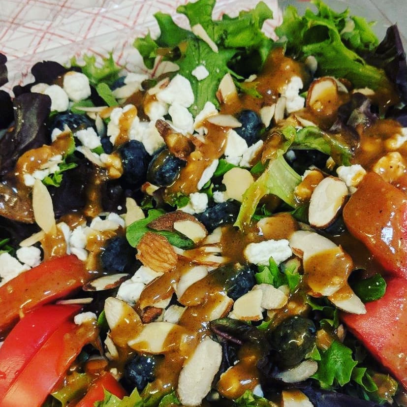 CornellRE's tweet photo. Today's  special: Summer salad w/ watermelon, blueberries, goat cheese, almonds,  and tomatoes on field greens with a honey garlic vinaigrette. Yum!  Alexander's Food Truck will be here 11:30-2, 95 Brown Rd. #lunchatthepark https://t.co/A7HbD6g61c