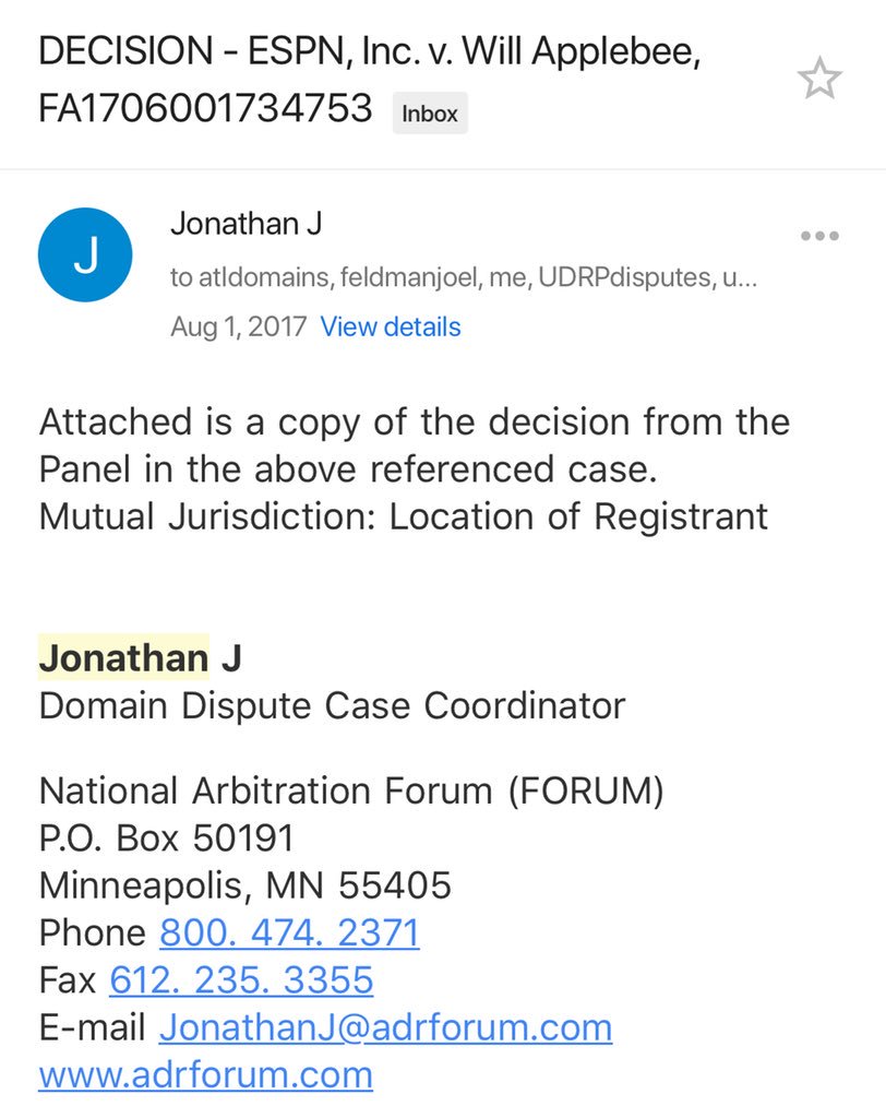 One year ago today, my favorite legal decision of all time was announced: my win over ESPN. I’m going to celebrate it today with some behind the scenes details of the ordeal in this thread.If you’d like to read the entire decision you can find it here:  https://www.udrpsearch.com/naf/17347...