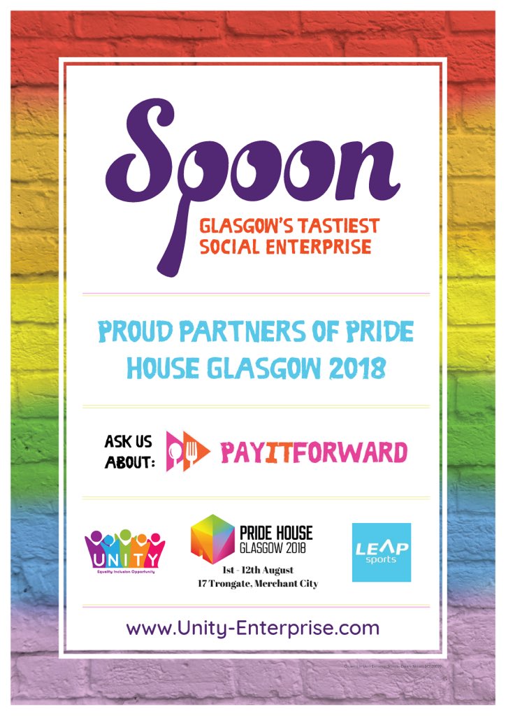 Heading to #PrideHouseGlasgow and feeling hungry? You’re in luck! @SpoonCafes have popped up in there with the same warm welcome you know and love. Come and say hi 👋🏻. All welcome 💕. @unityen @LEAPsports  🏳️‍🌈✊🏼